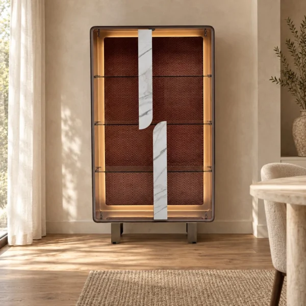 Curved Glass Display Cabinet in sand — in a room setting