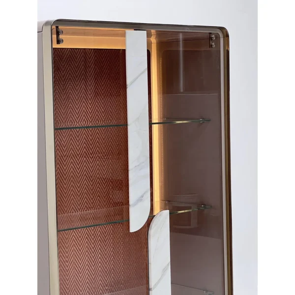 Curved Glass Display Cabinet in sand — in a room setting