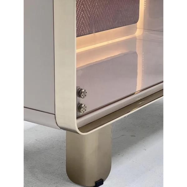 Curved Glass Display Cabinet in sand — in a room setting