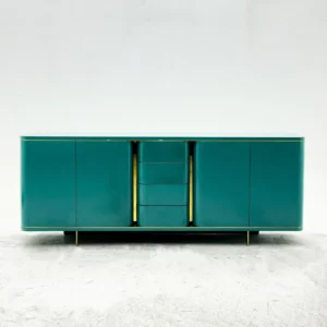Teal Lacquer Sideboard with Wave Doors and Gold Trim — front view