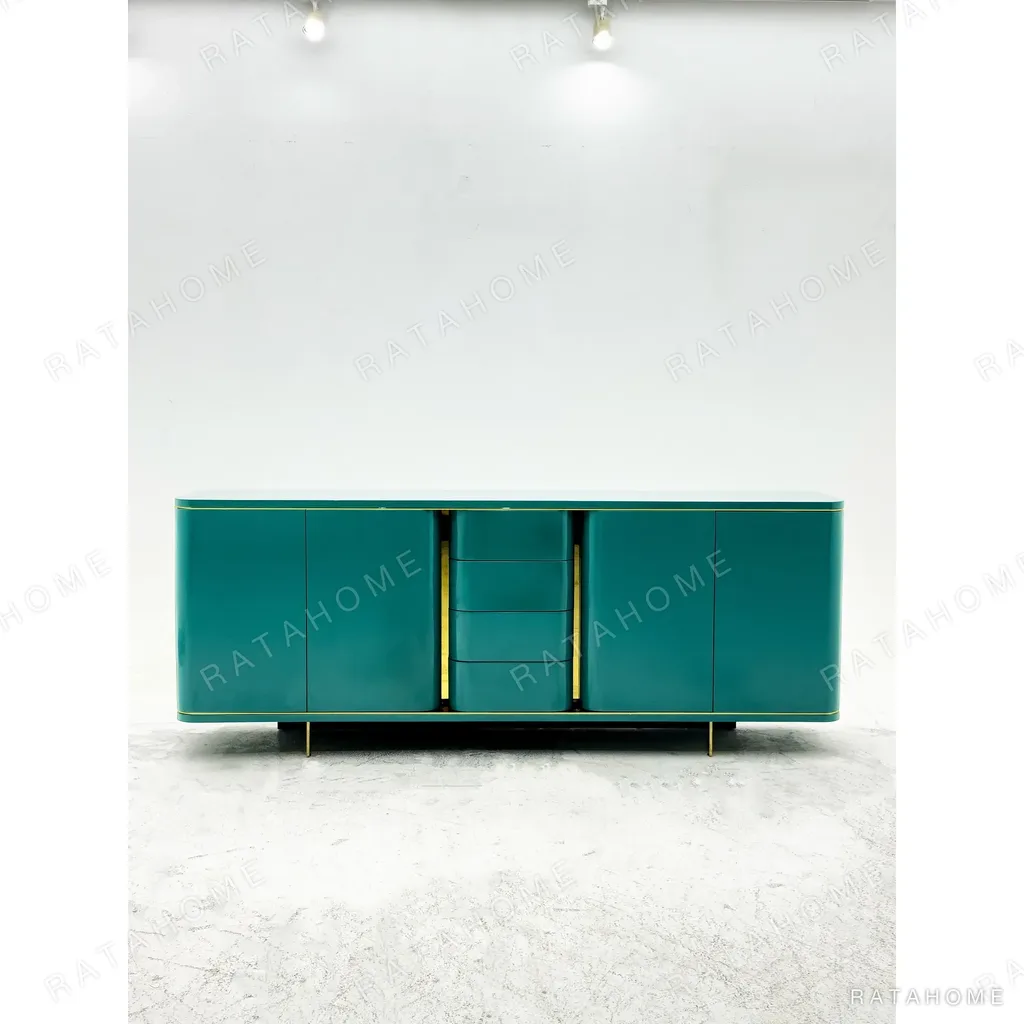 Teal Lacquer Sideboard with Wave Doors and Gold Trim in olive — in a room setting