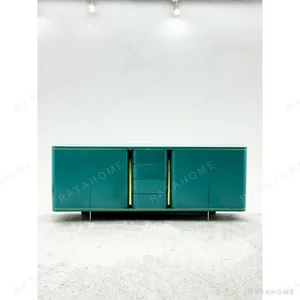 Teal Lacquer Sideboard with Wave Doors and Gold Trim in olive — in a room setting