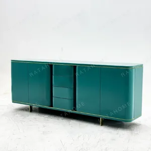 Teal Lacquer Sideboard with Wave Doors and Gold Trim in olive — in a room setting