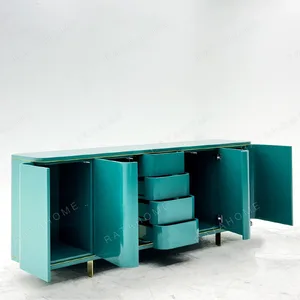 Teal Lacquer Sideboard with Wave Doors and Gold Trim in olive — in a room setting