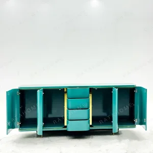 Teal Lacquer Sideboard with Wave Doors and Gold Trim in olive — in a room setting