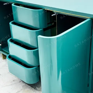 Teal Lacquer Sideboard with Wave Doors and Gold Trim in olive — detail