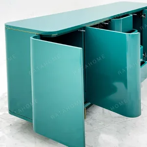 Teal Lacquer Sideboard with Wave Doors and Gold Trim in olive — detail