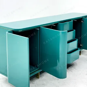 Teal Lacquer Sideboard with Wave Doors and Gold Trim in olive — detail