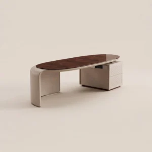 Oval Burl Executive Desk in oatmeal — front view