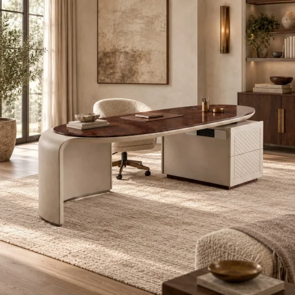Oval Burl Executive Desk in oatmeal — in a room setting