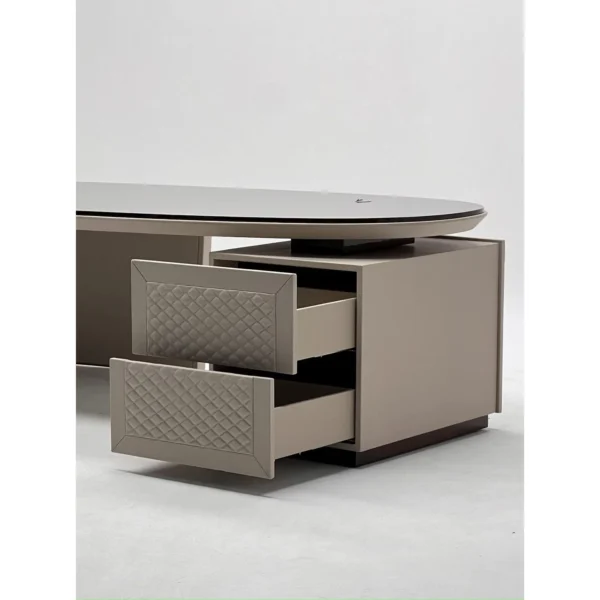 Oval Burl Executive Desk in oatmeal — in a room setting