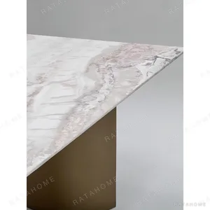 Pink-White Marble Dining Table in ivory — in a room setting