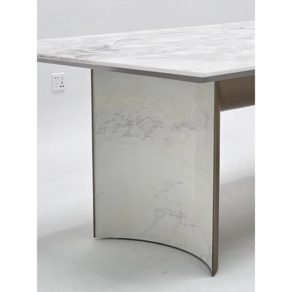 Pink-White Marble Dining Table in ivory — in a room setting
