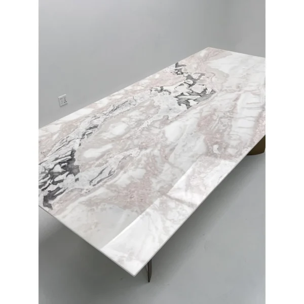 Pink-White Marble Dining Table in ivory — in a room setting