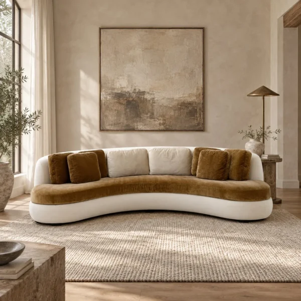 Curved Sofa in Olive Velvet with White Base and Bolster — in a room setting