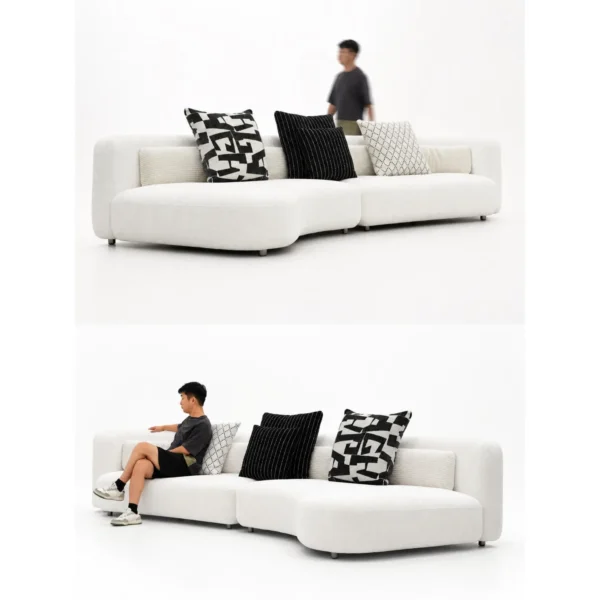 Curved Sofa in Cream Shearling with Rounded Modules — in a room setting