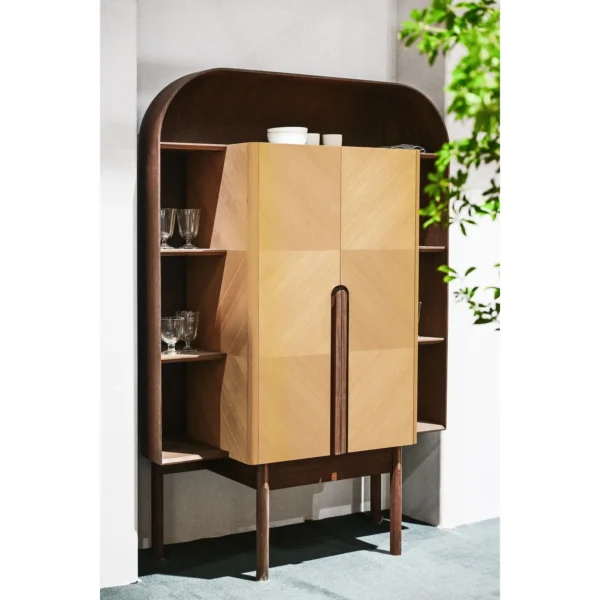 Curved Oak Bar Cabinet with Integrated Light Strip in natural oak — in a room setting