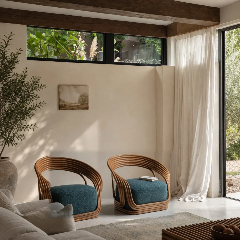 Bentwood Rattan Lounge Chair with Plush Cushion, 72 cm in clay — front view