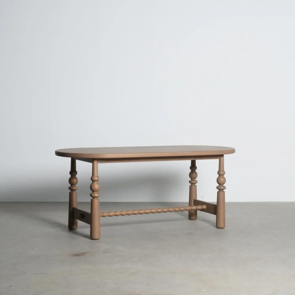 Custom-Colour Oval Oak Table with Turned Legs in natural oak — front view