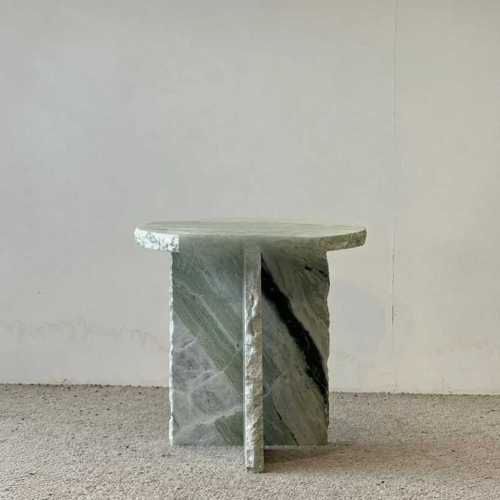 Green Marble Side Table with Raw Live Edge, 50 x 50 cm in olive — front view