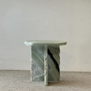 Green Marble Side Table with Raw Live Edge, 50 x 50 cm in olive — front view