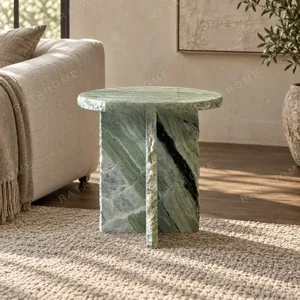 Green Marble Side Table with Raw Live Edge, 50 x 50 cm in olive — in a room setting