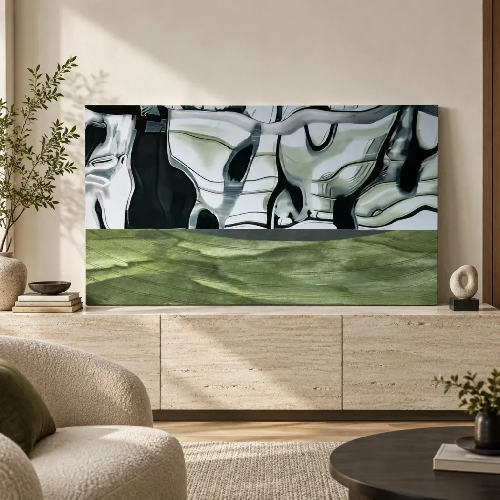 Custom Hand Painted Mixed Media Wall Art in Green and Silver — front view