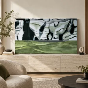Custom Hand Painted Mixed Media Wall Art in Green and Silver — front view