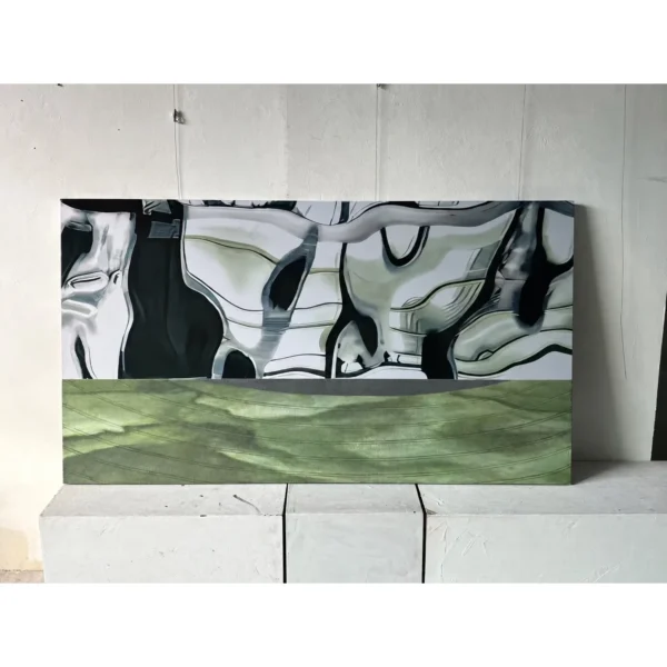 Custom Hand Painted Mixed Media Wall Art in Green and Silver — in a room setting
