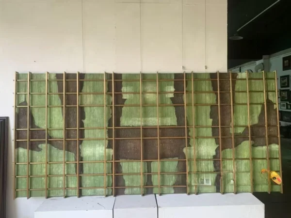 Custom Hand Painted Mixed Media Wall Art in Green and Silver — in a room setting