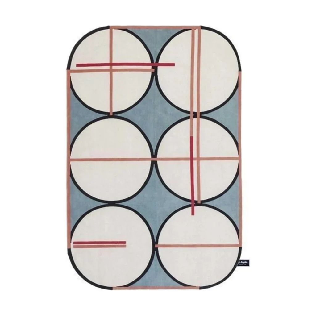Custom Six Circle Rug in Cream on Grey-Blue with Red Lines — front view