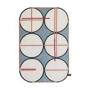 Custom Six Circle Rug in Cream on Grey-Blue with Red Lines — front view