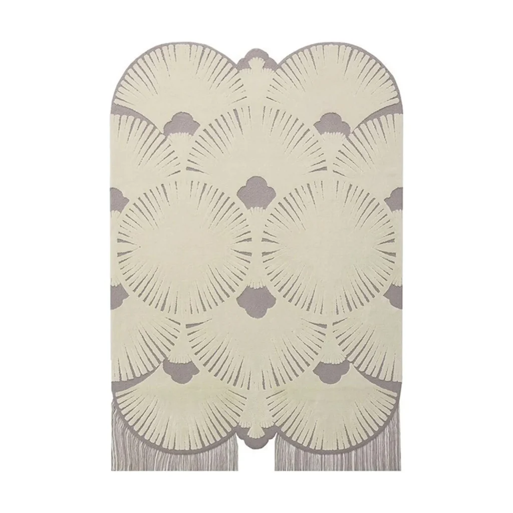 Custom Ginkgo Fan Rug in Pale Green and Grey — front view