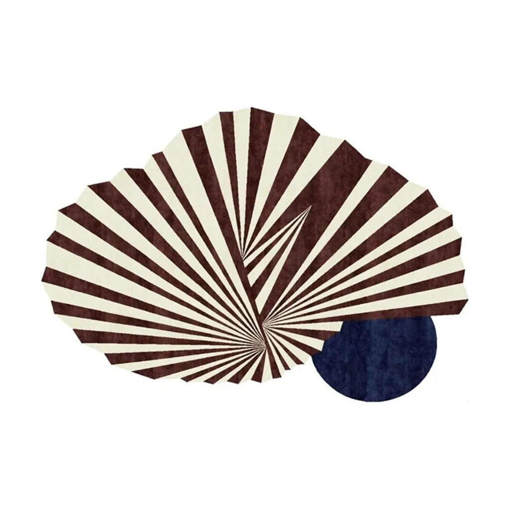 Custom Sunburst Rug in Burgundy and Cream with Navy Disc — front view