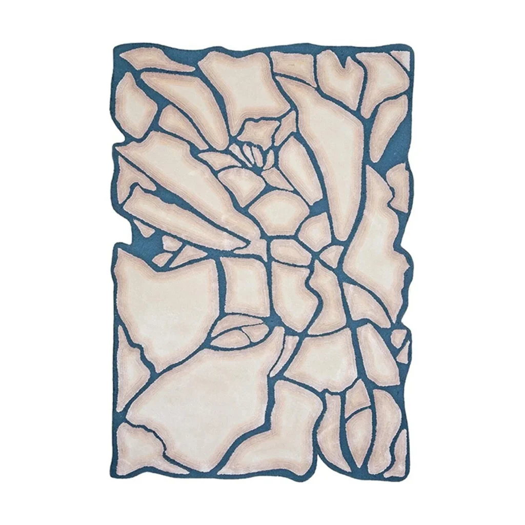 Custom Cracked Stone Rug in Cream, Blush and Teal — front view