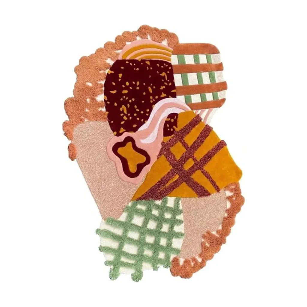 Custom Collage Rug in Peach, Burgundy, Mustard and Green — front view