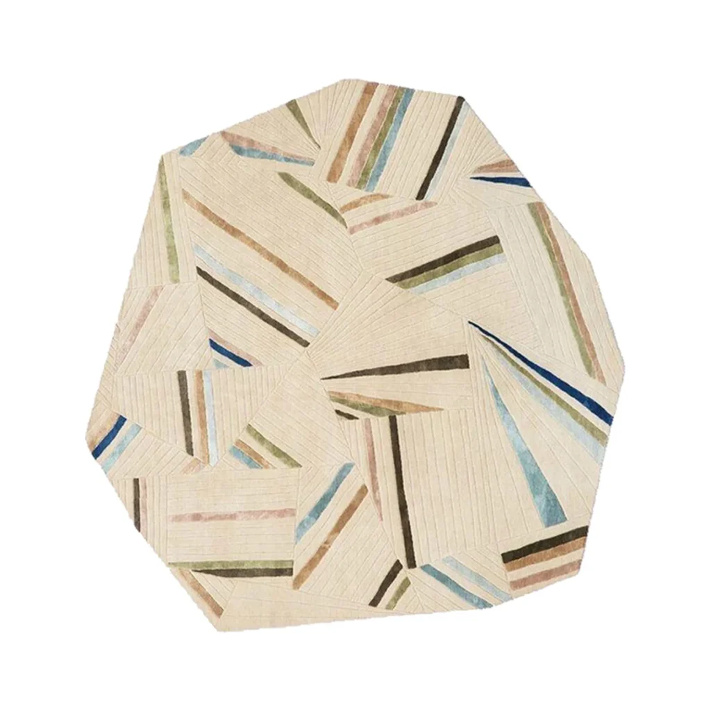 Custom Faceted Rug in Cream with Coloured Stripe Shards — front view