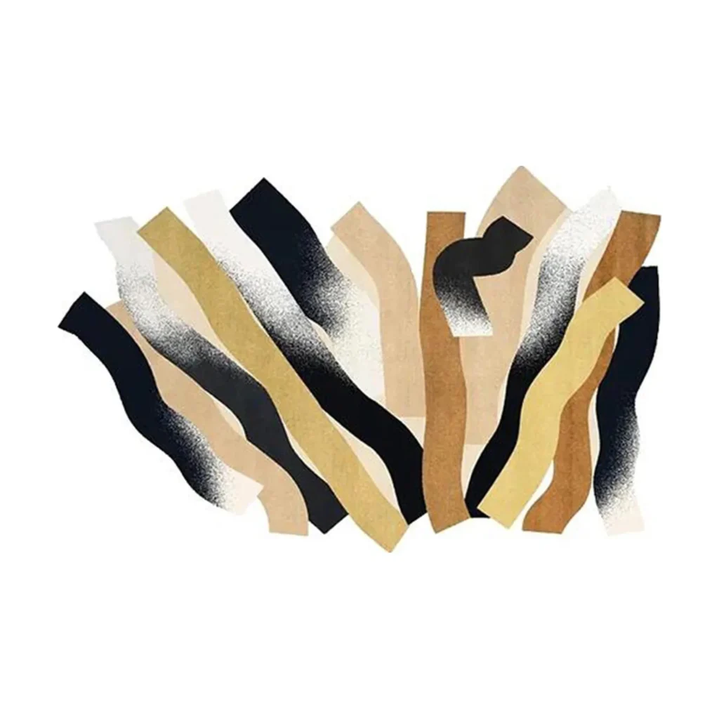 Custom Torn Ribbon Rug in Camel, Black and Cream — front view