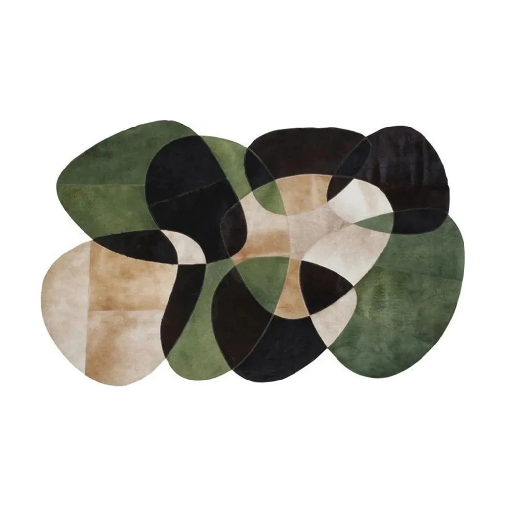 Custom Overlapping Pebble Rug in Olive, Black and Sand — front view
