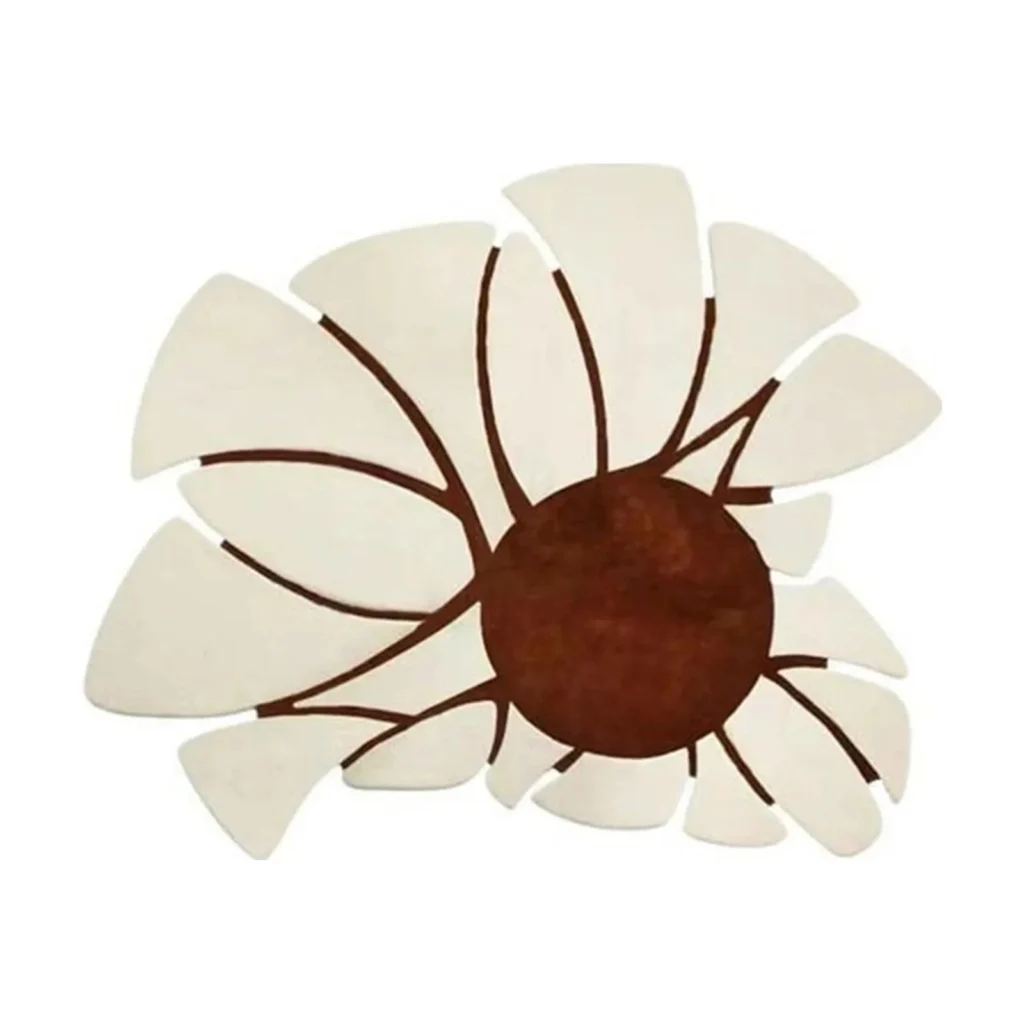 Custom Cream Petal Flower Rug with Brown Centre in oatmeal — front view