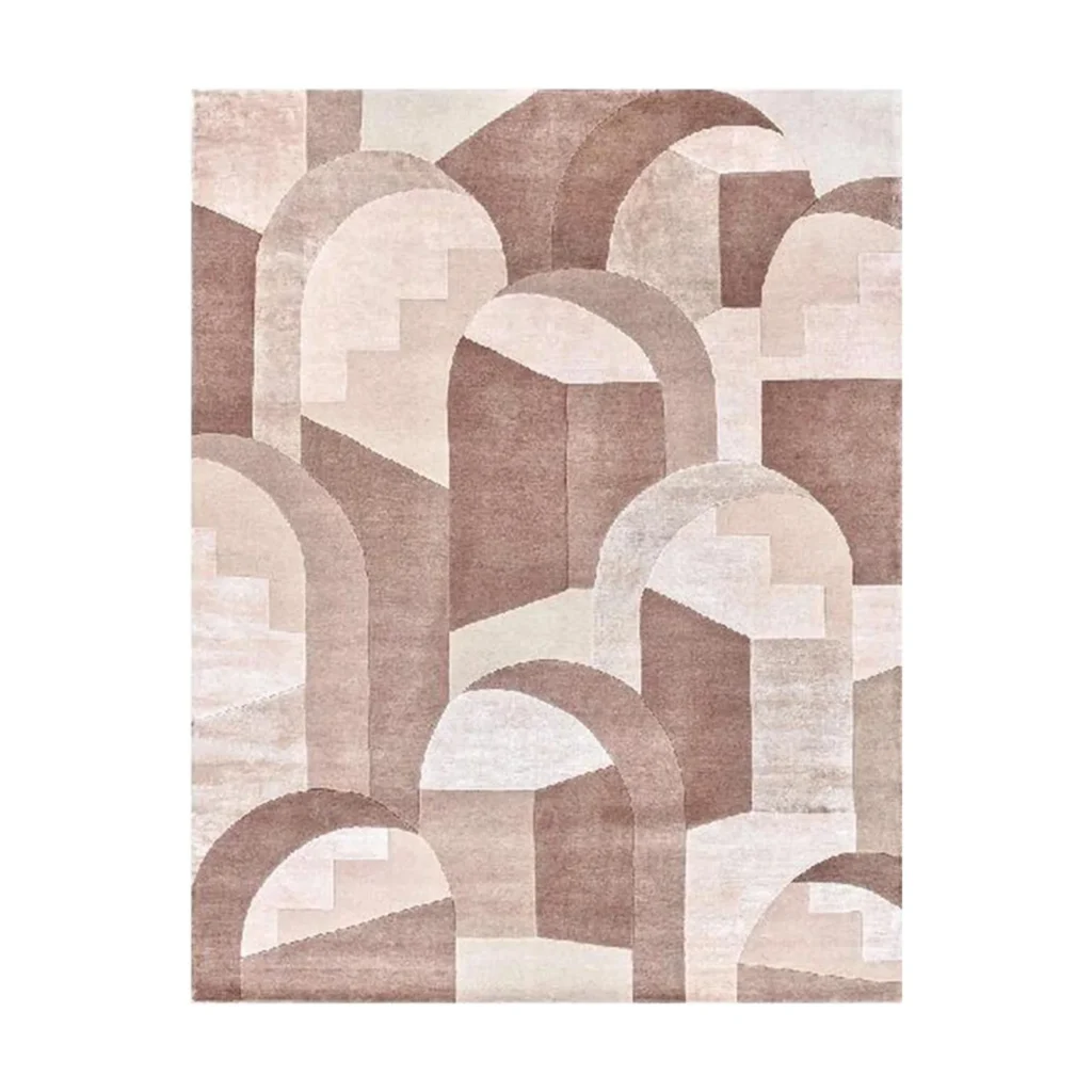 Custom Arched Cityscape Rug in Blush and Taupe — front view