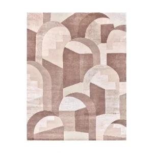 Custom Arched Cityscape Rug in Blush and Taupe — front view