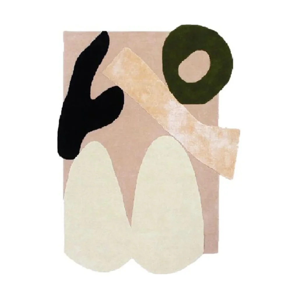 Custom Abstract Shapes Rug in Blush, Black, Cream and Olive — front view