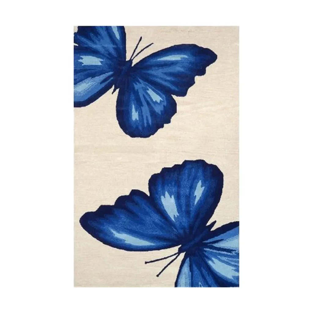 Custom Blue Butterfly Rug on Cream in blue — front view