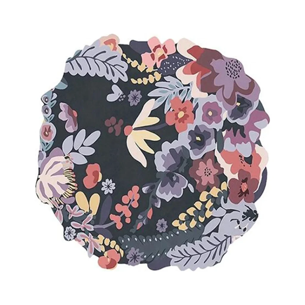 Custom Floral Bouquet Round Rug in Plum, Pink and Navy — front view