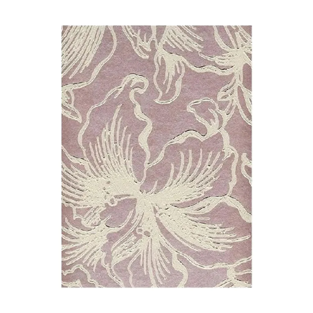 Custom Blush Rug with Cream Botanical Line Drawing in rose stone — front view