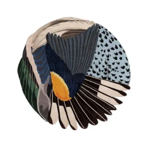 Custom Feathered Wing Round Rug in Navy, Teal and Gold — front view