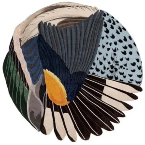 Custom Feathered Wing Round Rug in Navy, Teal and Gold — in a room setting