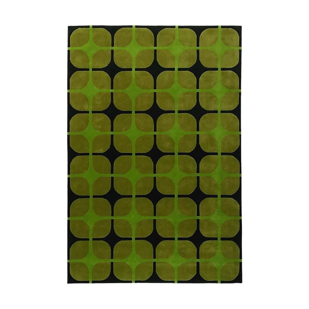 Custom Green Rounded Tile Rug on Black in olive — front view