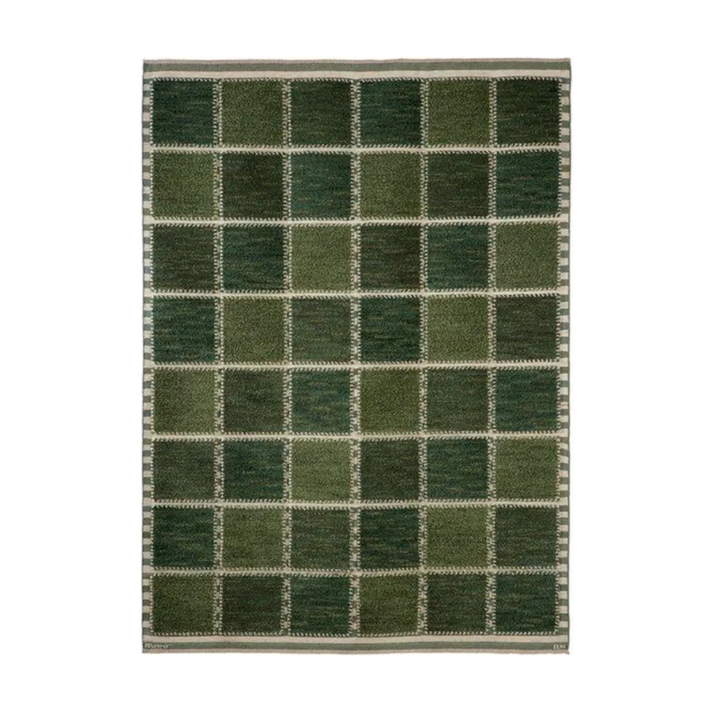 Custom Green Window Grid Rug with Dotted Lines in olive — front view